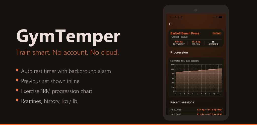 GymTemper feature graphic — Train smart. No account. No cloud.